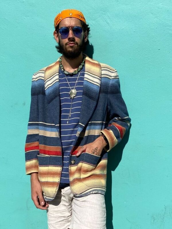 product details: 1990S WOOL BLEND WESTERN SERAPE MEXICAN BLANKET STYLE BUTTON UP BLAZER JACKET photo