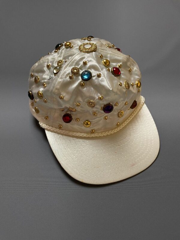 product details: AS-IS AMAZING 1980S SHINY SATIN ALLOVER RHINESTONE STUDDED ADJUSTABLE STRAP HAT photo
