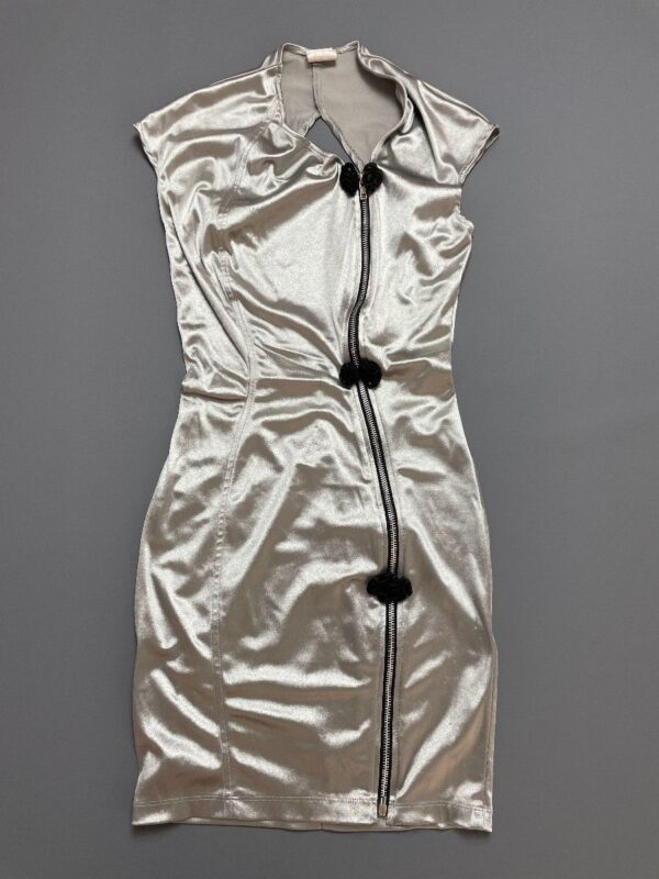 product details: AS-IS AMAZING! 1990S ORIENTAL STYLE FITTED METALLIC ZIP UP SLEEVELESS BODY CON DRESS CUT OUT BACK photo