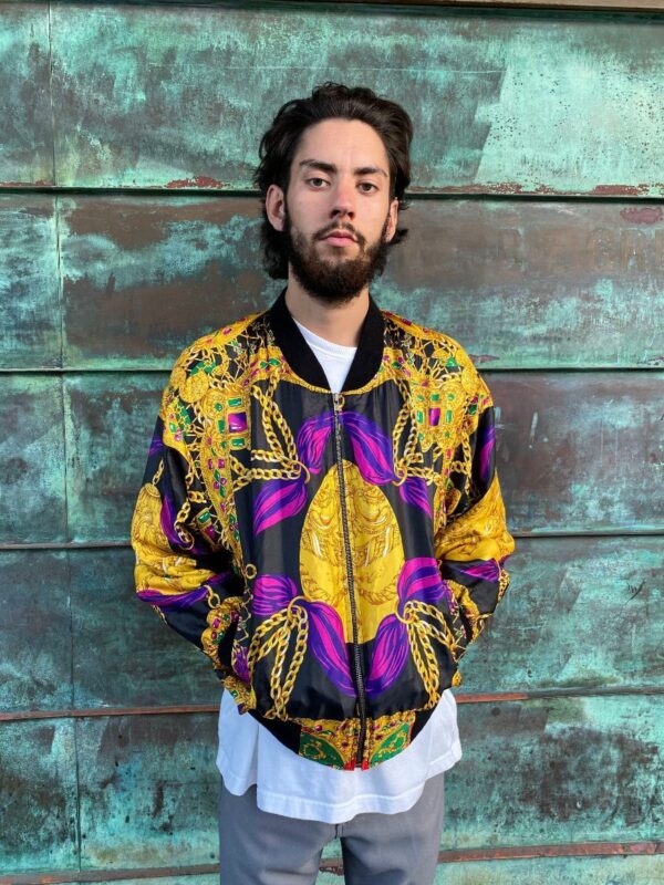 product details: ALL OVER ORNATE GOLD CHAIN & JEWEL DESIGN ZIP UP BOMBER JACKET photo