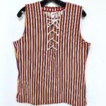 KILLER 1970S MULTICOLOR VERTICAL STRIPED SLEEVELESS STRETCH KNIT TOP LACE UP FRONT