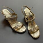 1960S TWO TONED GOLD & SILVER METALLIC LEATHER T-STRAP BLOCK HEEL SANDALS