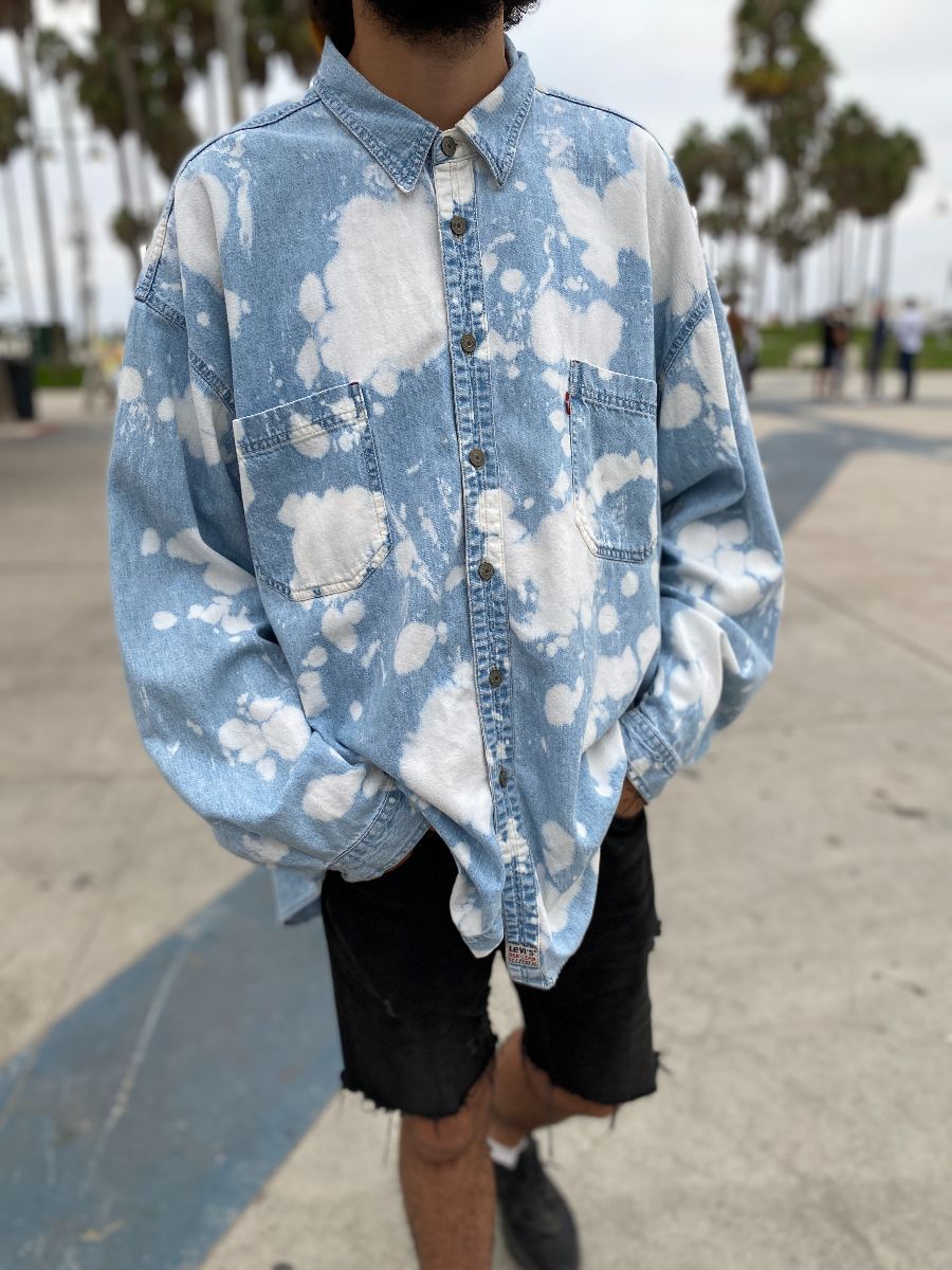 product details: CUSTOMIZED LEVIS BLEACHED OUT LONG SLEEVE BUTTON UP DENIM SHIRT photo