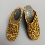 AS-IS LEOPARD PRINTED LEATHER CLOGS SOLID WOOD HEEL MADE IN SWEDEN