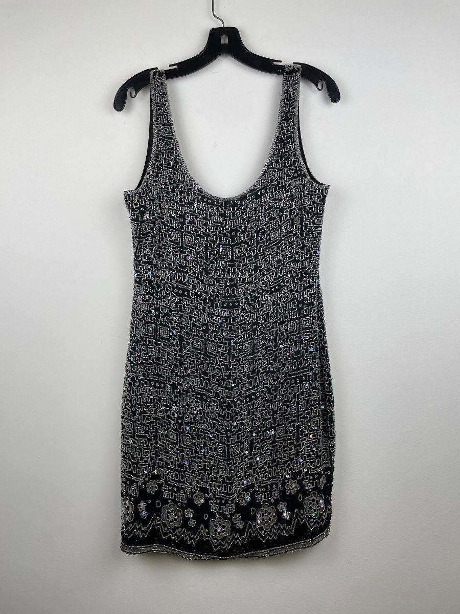 product details: AS-IS AMAZING FULLY IRIDESCENT BEADED ABSTRACT DESIGN SLEEVELESS MINI DRESS SEQUIN FLOWER ACCENTS photo