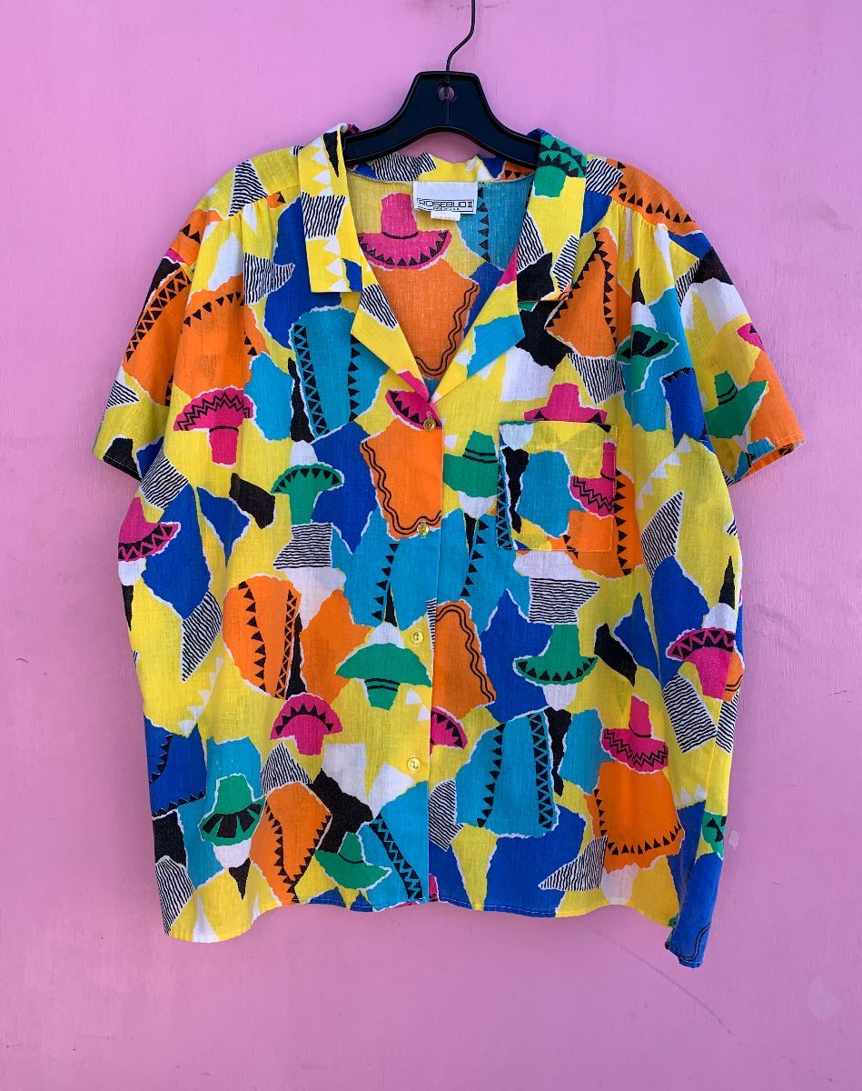 product details: 1980S-90S RADICAL COLORFUL ABSTRACT PEOPLE PRINT SHORT SLEEVE BUTTON UP SHIRT photo