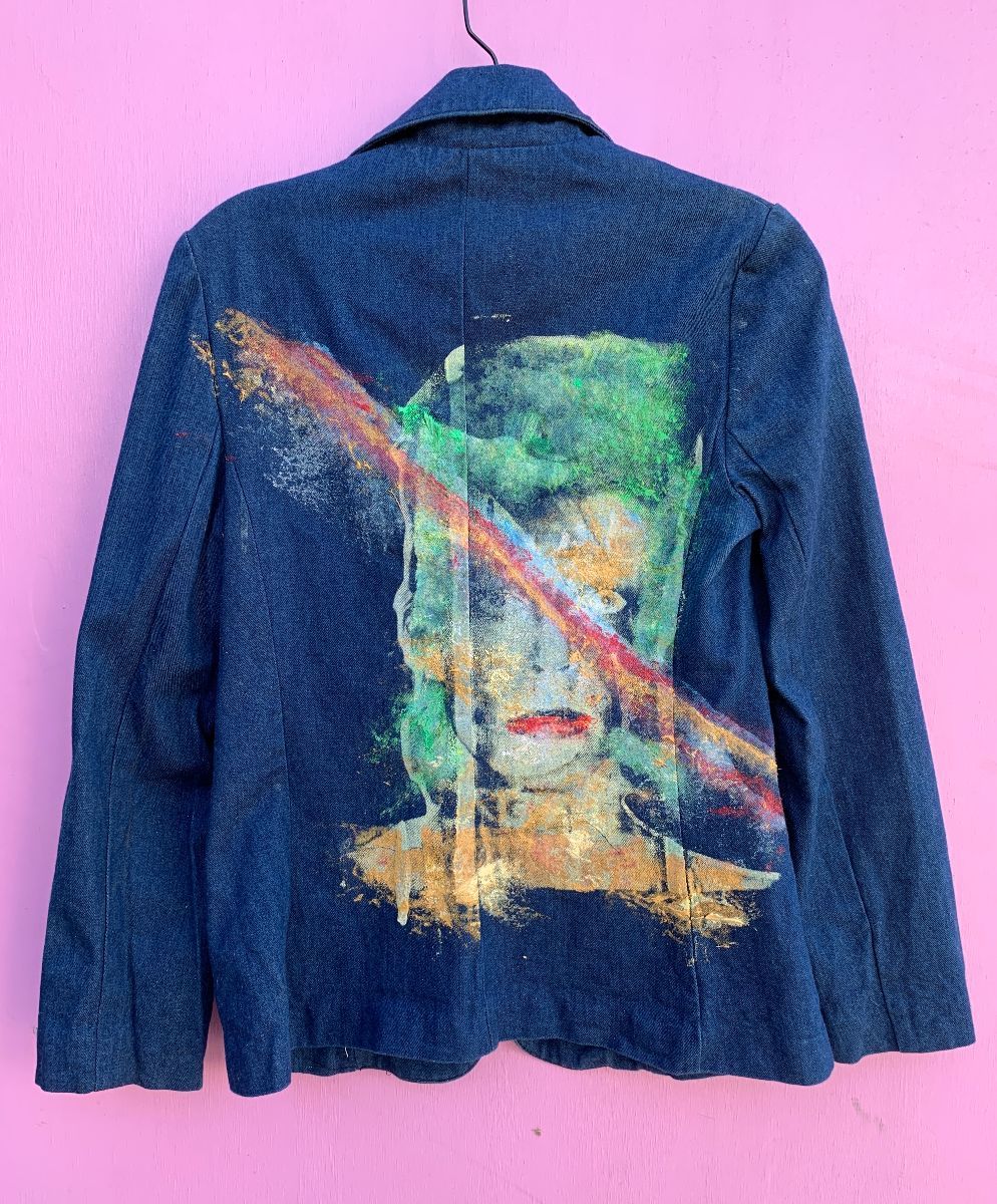 product details: FITTED MILITARY STYLE DENIM BLAZER HAND PAINTED DAVID BOWIE BACK DESIGN photo