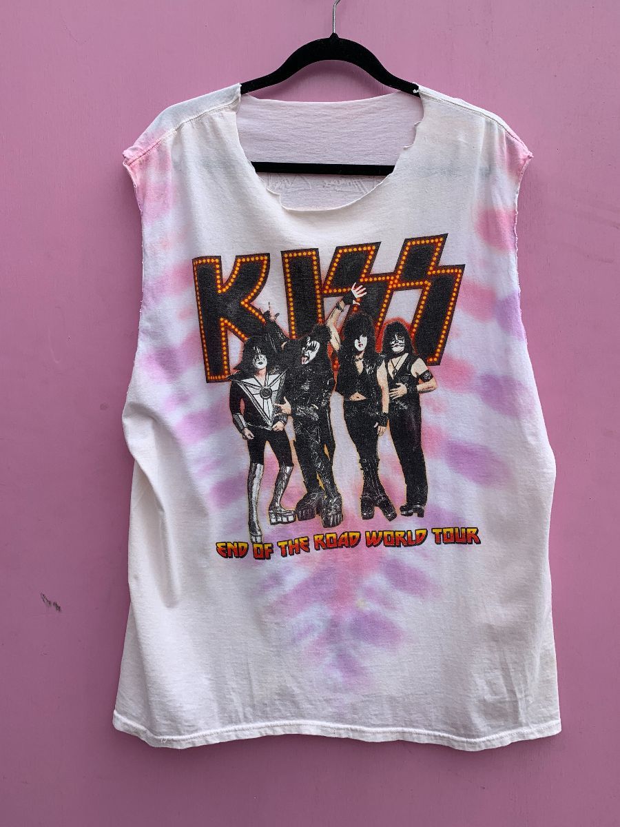 product details: KISS BAND T-SHIRT SLEEVELESS CUT OFF 2019 END OF THE ROAD WORLD TOUR TIE DYEAS-IS photo