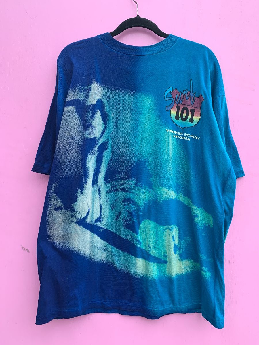 product details: DEADSTOCK SURF 101 VIRGINIA BEACH DYED WRAP AROUND GRAPHIC T-SHIRT NWT photo