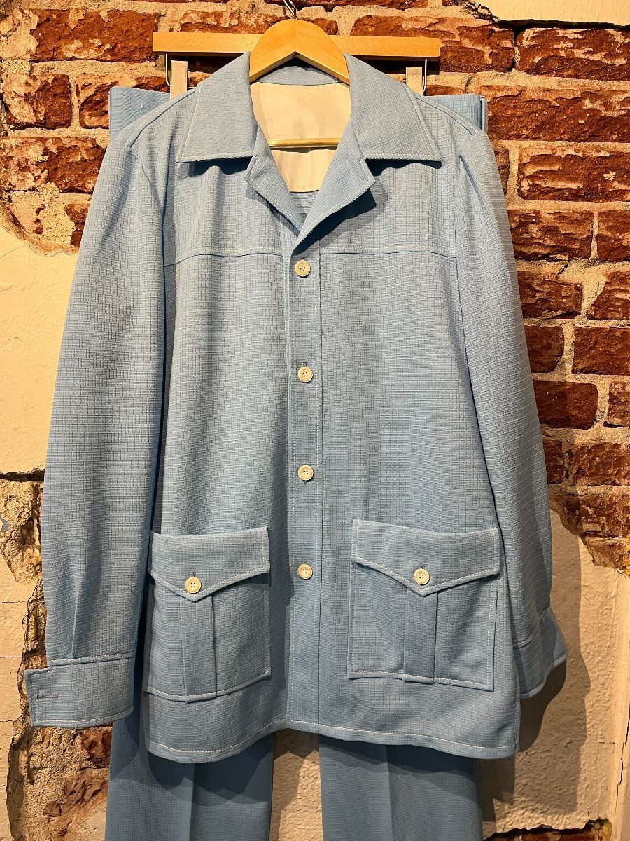 product details: AMAZING RETRO 1970S BABY BLUE POLYESTER KNIT LEISURE SUIT photo