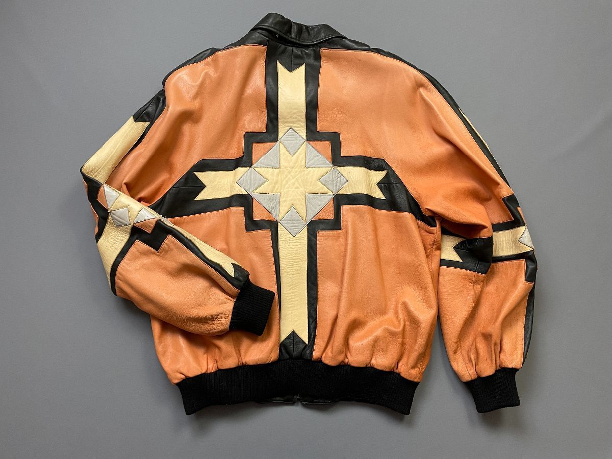 product details: 10-63 AS-IS AMAZING SOFT COLORBLOCK ZIP UP LEATHER JACKET SOUTHWESTERN DESIGN SLEEVES photo