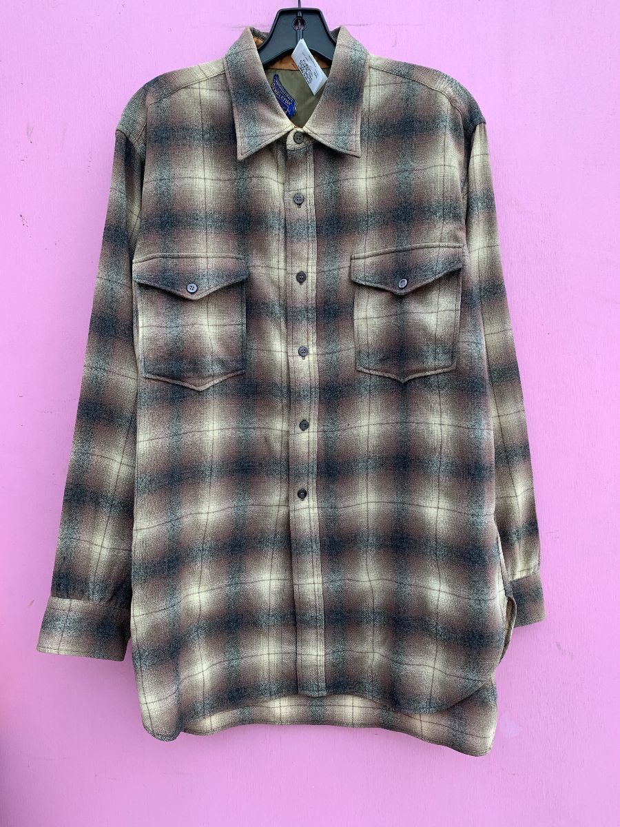 product details: CLASSIC THICK WOOL BROWN LONG SLEEVE BUTTON UP FLANNEL photo