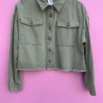 FADED RAW HEM CROPPED GREEN MILITARY STYLE LONG SLEEVE BUTTON UP JACKET