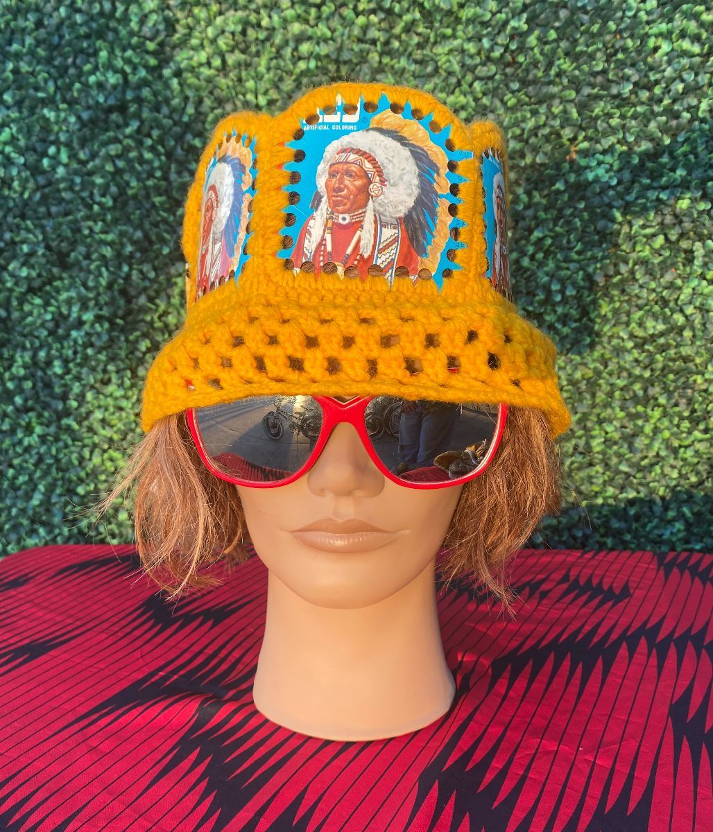 product details: FUNKY HAND CROCHET NATIVE AMERICAN TIN INLAY DESIGN HAT #FOLKART photo