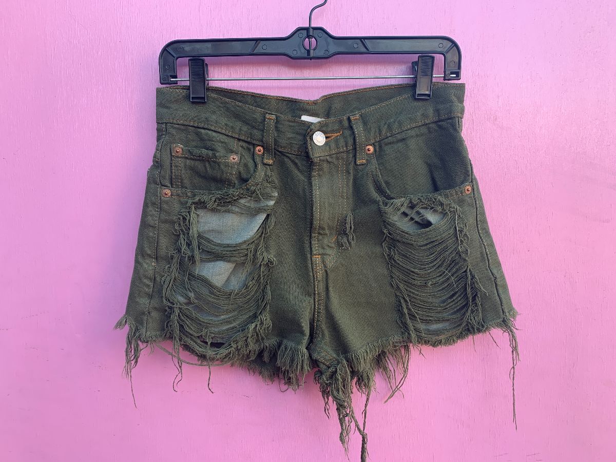 product details: OVERDYED HEAVILY SHREDDED CUT OFF DENIM SHORTS CONTRAST STITCH photo