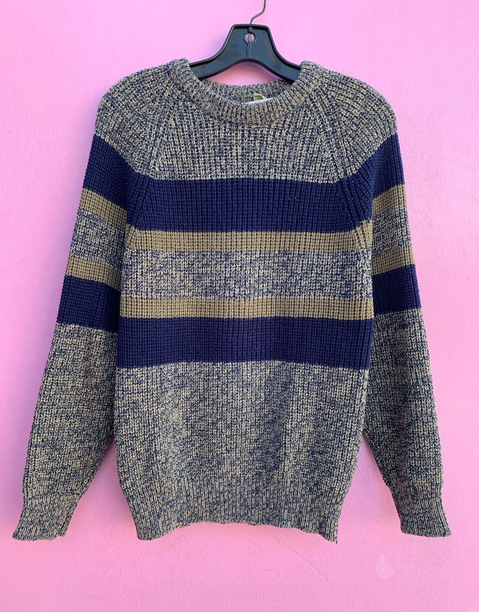 product details: NAVY STRIPED DESIGN CHUNKY KNIT SWEATER RIBBED HEMS photo