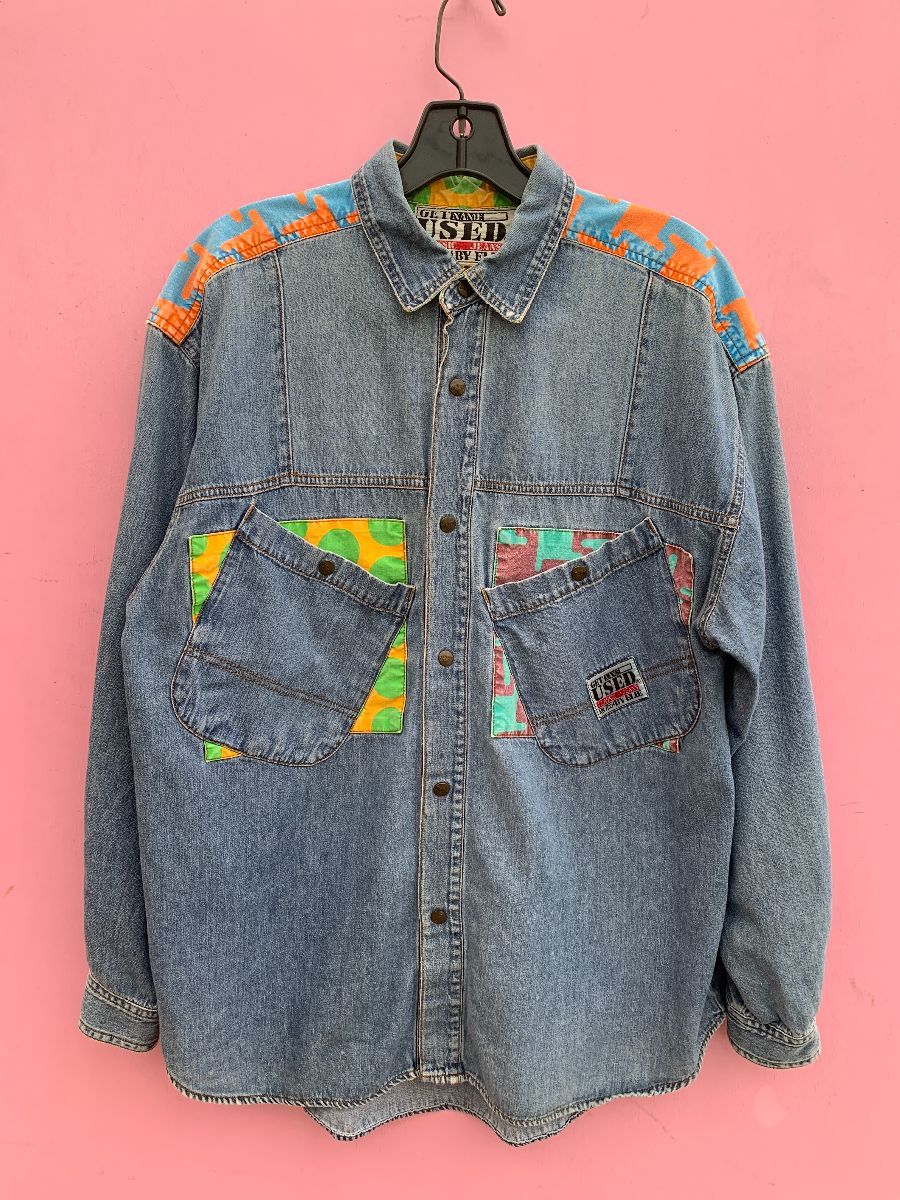 product details: 1980S-90S LIGHTLY DISTRESSED COLORFUL PATCHWORK LONG SLEEVE SNAP UP DENIM SHIRT photo