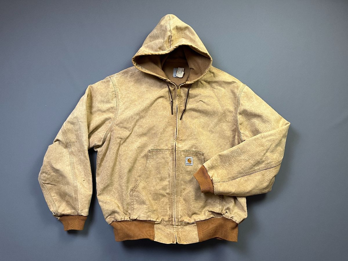 product details: RAD LIGHT WASH CARHARTT HOODED ZIP-UP WORK JACKET AS-IS photo