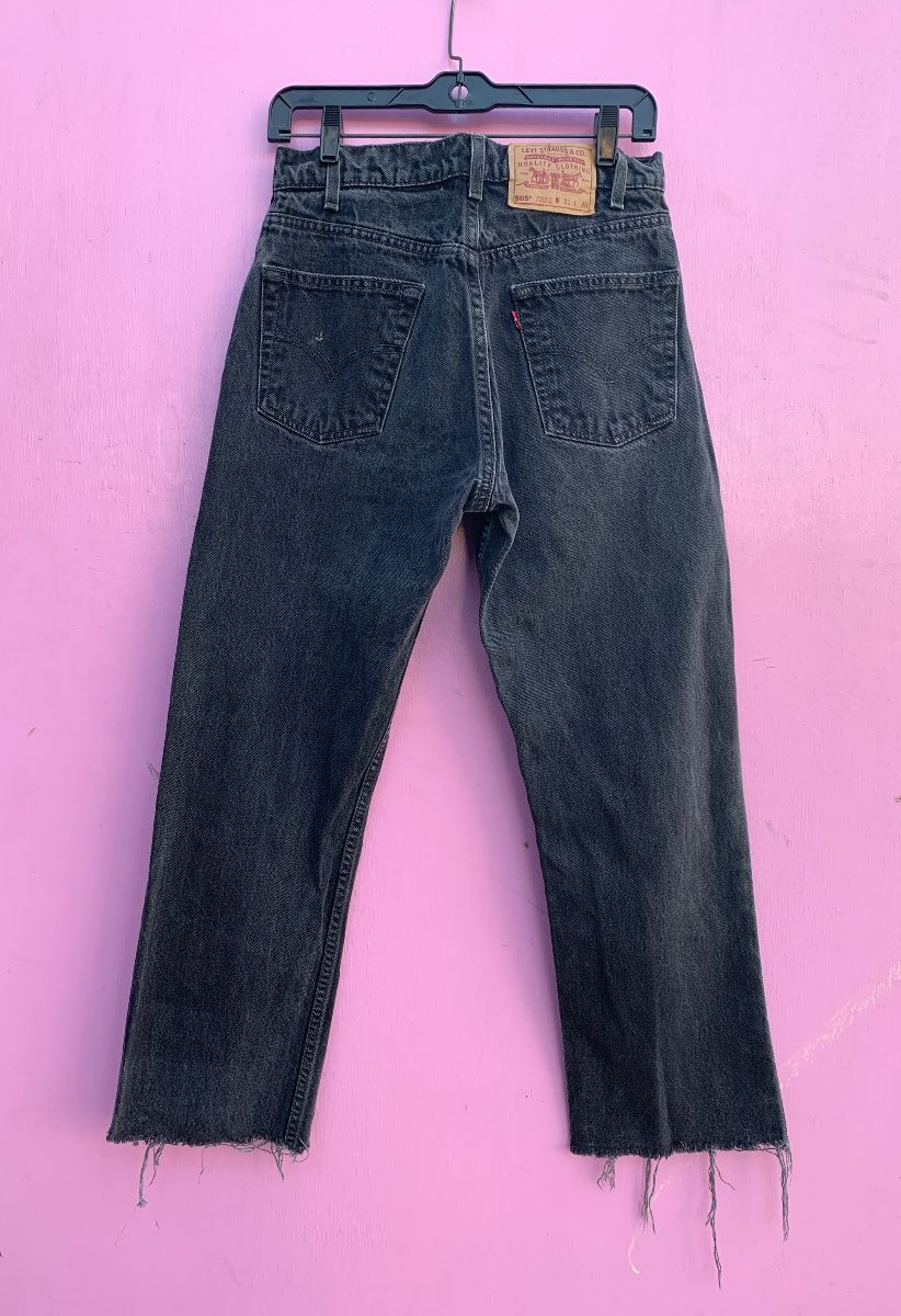 Perfect Faded Black Levis 505 Straight Cut Denim Jeans Cropped Raw Hem |  Boardwalk Vintage