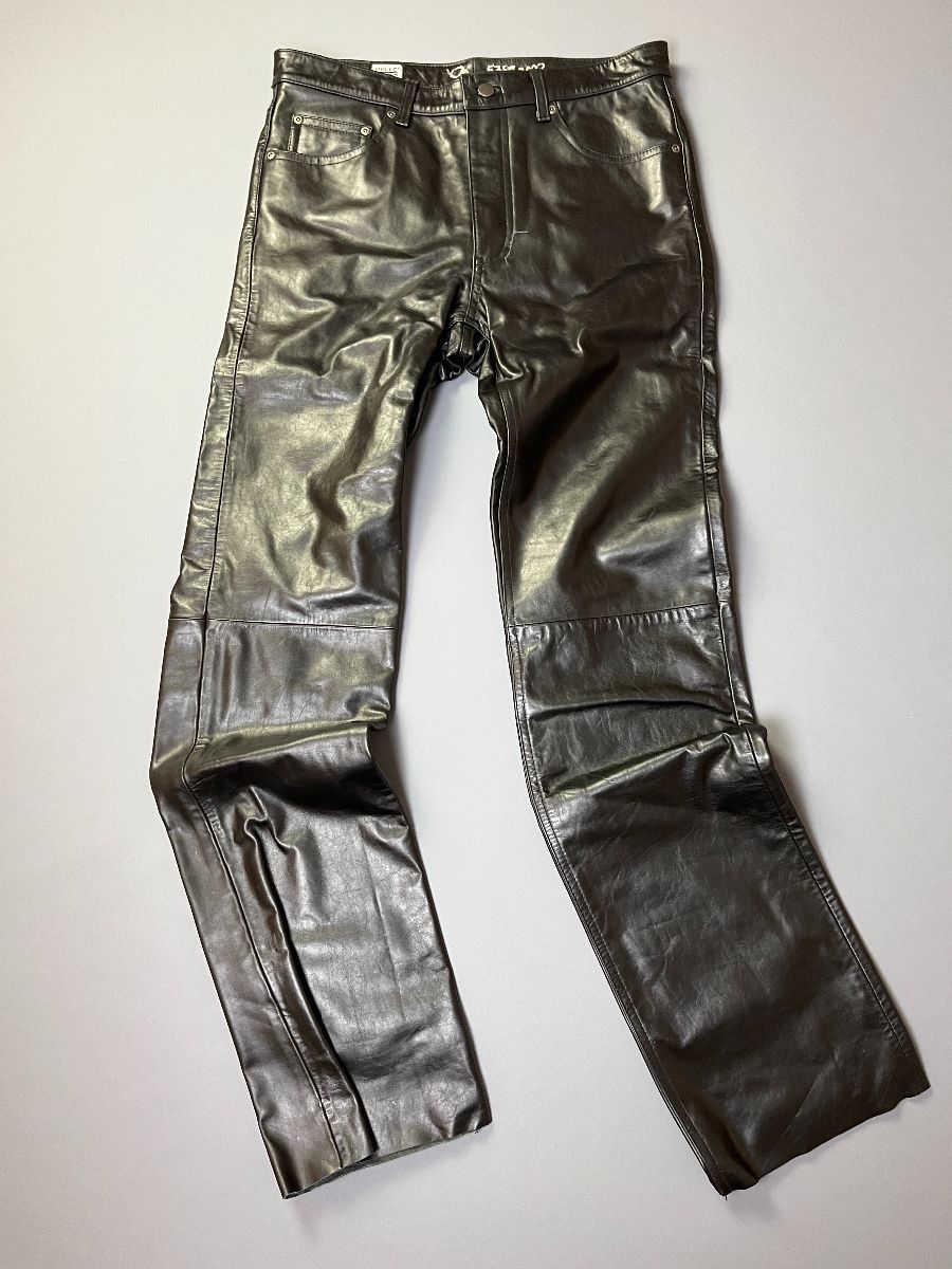 product details: AS-IS Y2K LOWRISE SKINNY CUT LEATHER PANTS RAW CUT HEM *AS-IS photo