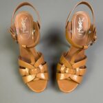 YSL NUDE PATENT LEATHER STRAPPY HEELS WRAP AROUND ANKLE T-STRAP