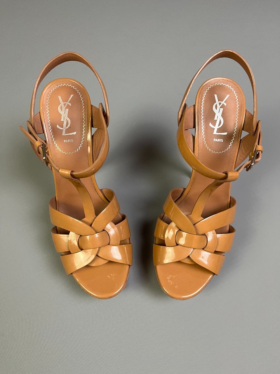 product details: YSL NUDE PATENT LEATHER STRAPPY HEELS WRAP AROUND ANKLE T-STRAP photo