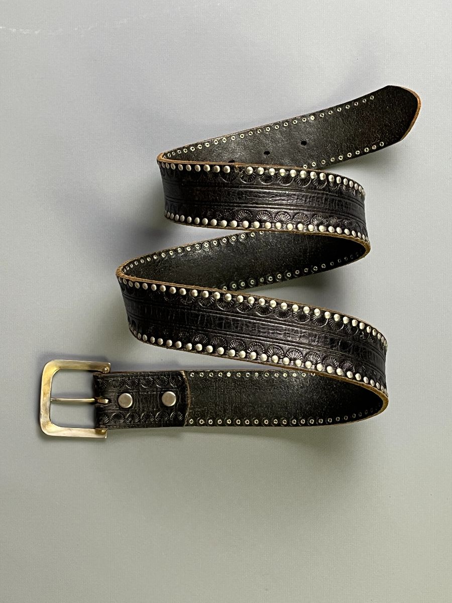 product details: BUTTER SOFT STUDDED EDGE STAMPED DESIGN LEATHER BELT SQUARED SILVER BUCKLE photo