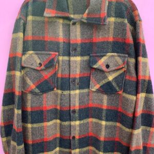 AS-IS HEAVY YELLOW & RED PLAID PRINT LONG SLEEVE BUTTON UP WOOL FLANNEL SHIRT in YELLOW, BLACK