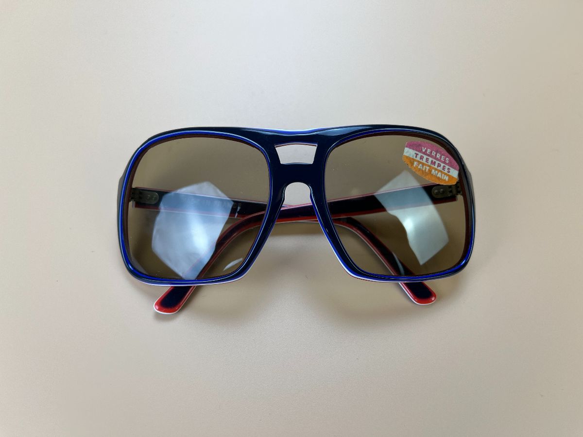 product details: DEADSTOCK 1970S OVERSIZED SKI STYLE SUNGLASSES W/ RED, WHITE, BLUE STRIPES TEMPERED GLASS LENSES HAND MADE IN FRANCE photo