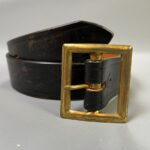SIMPLE POLISHED BLACK LEATHER BELT EMBOSSED EDGE, SQUARE BRASS BUCKLE