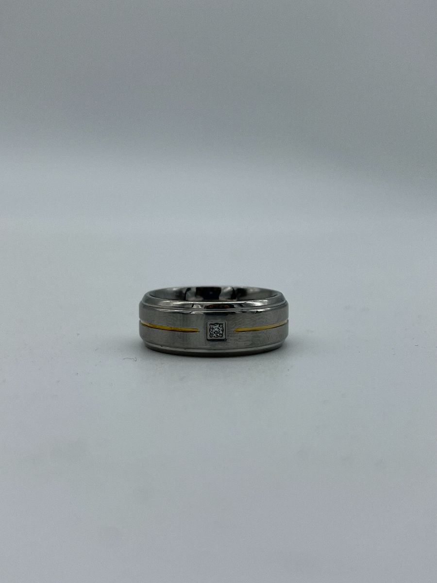 product details: STAINLESS STEEL & GOLD STRIP RING BAND WITH SINGLE DIAMOND photo
