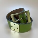 RETRO STYLE PEA GREEN LEATHER BELT WITH BRASS RIVETED PLATE ACCENTS