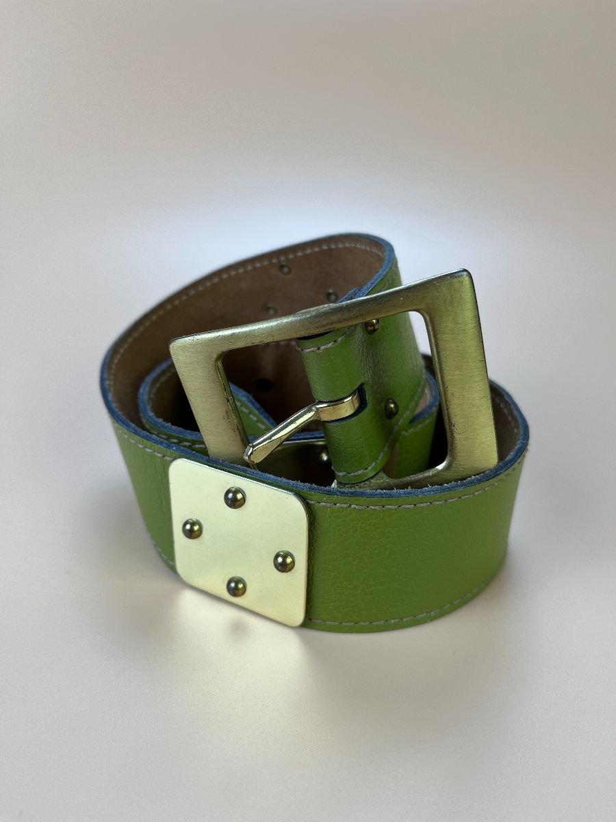 product details: RETRO STYLE PEA GREEN LEATHER BELT WITH BRASS RIVETED PLATE ACCENTS photo