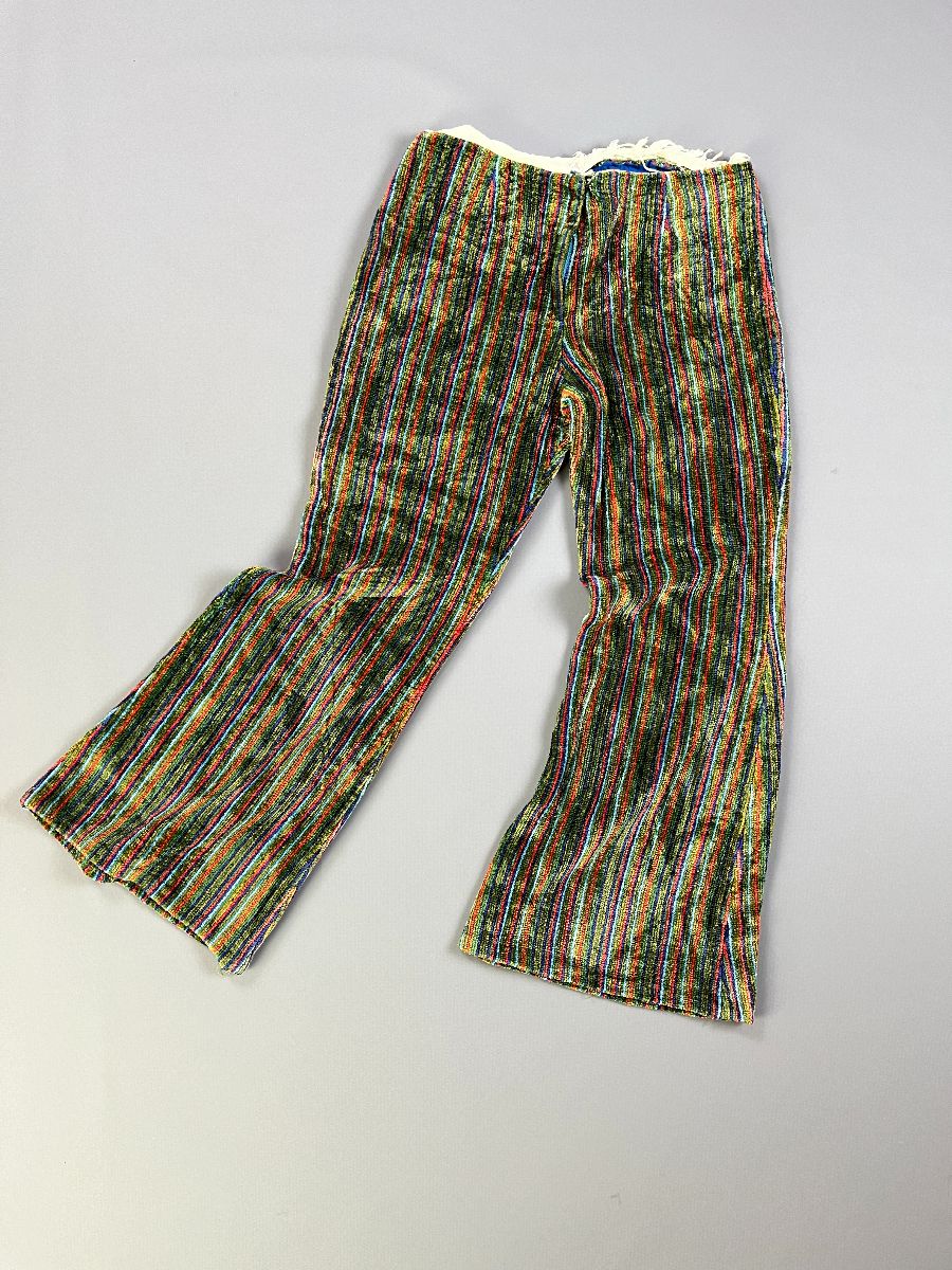 product details: RETRO 1970S LOWRISE MULTICOLORED VERTICAL STRIPED HANDMADE CARPET FLARED CROPPED PANTS photo