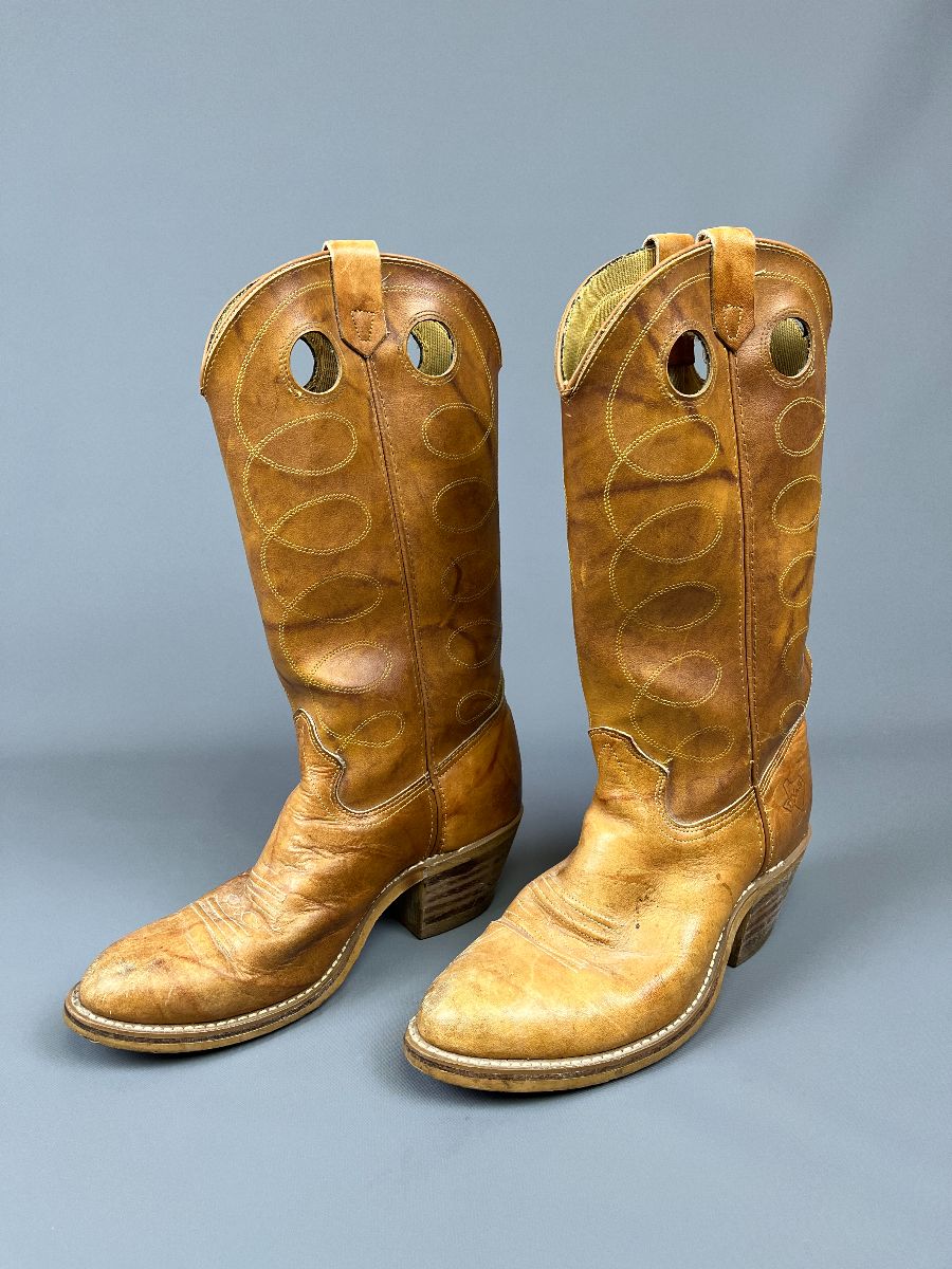 product details: 1970S TEXAS COWBOY BOOTS LASSO EMBROIDERED DESIGN CIRCULAR PULL CUTOUTS photo