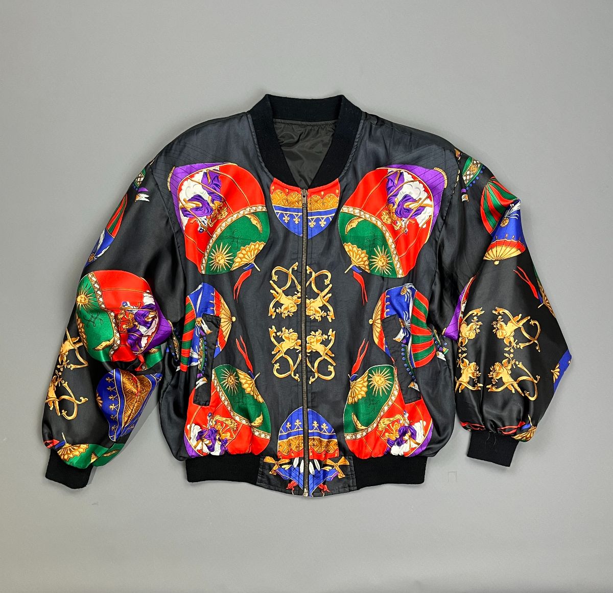 product details: SILKY ORNATE BARROQUE STYLE BALLOON PRINTED ZIPUP BOMBER JACKET RIBBED COLLAR & CUFFS photo