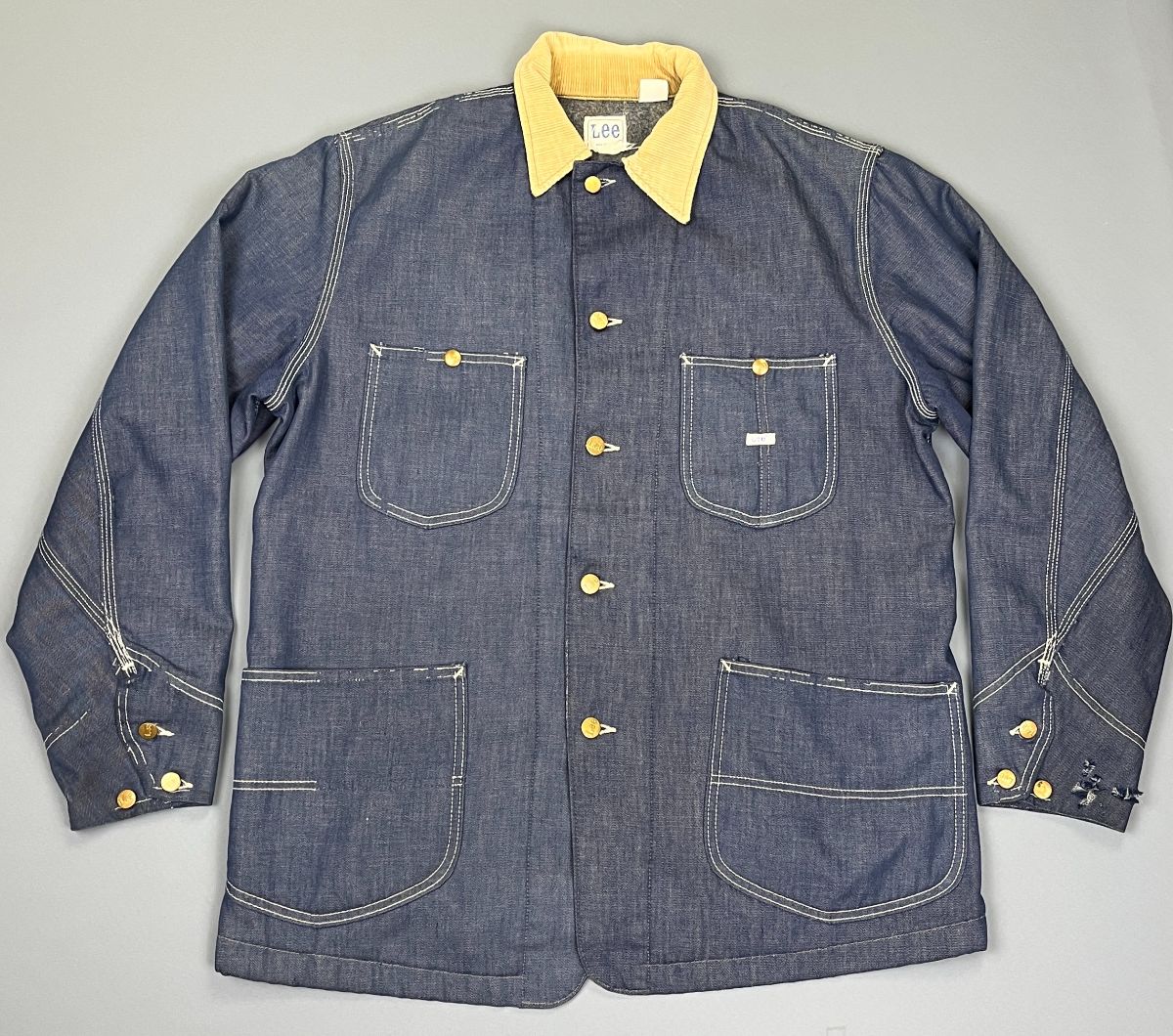 product details: AS-IS 1960S LEE BLANKET LINED DENIM CHORE COAT JACKET CONTRAST STITCHED CORDUROY COLLAR photo