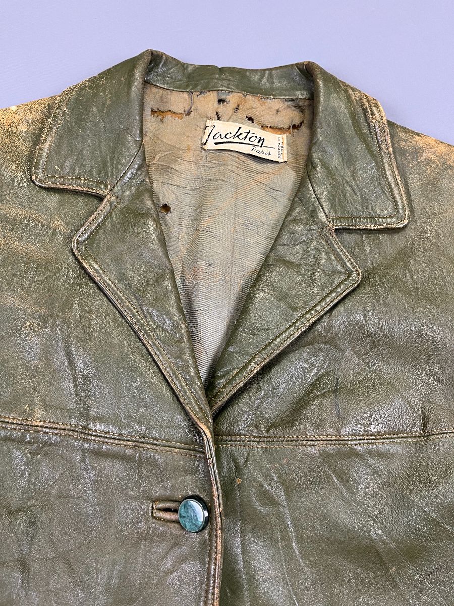 Made In France Late 60s Gorgeous & Distressed Green Leather Jacket ...