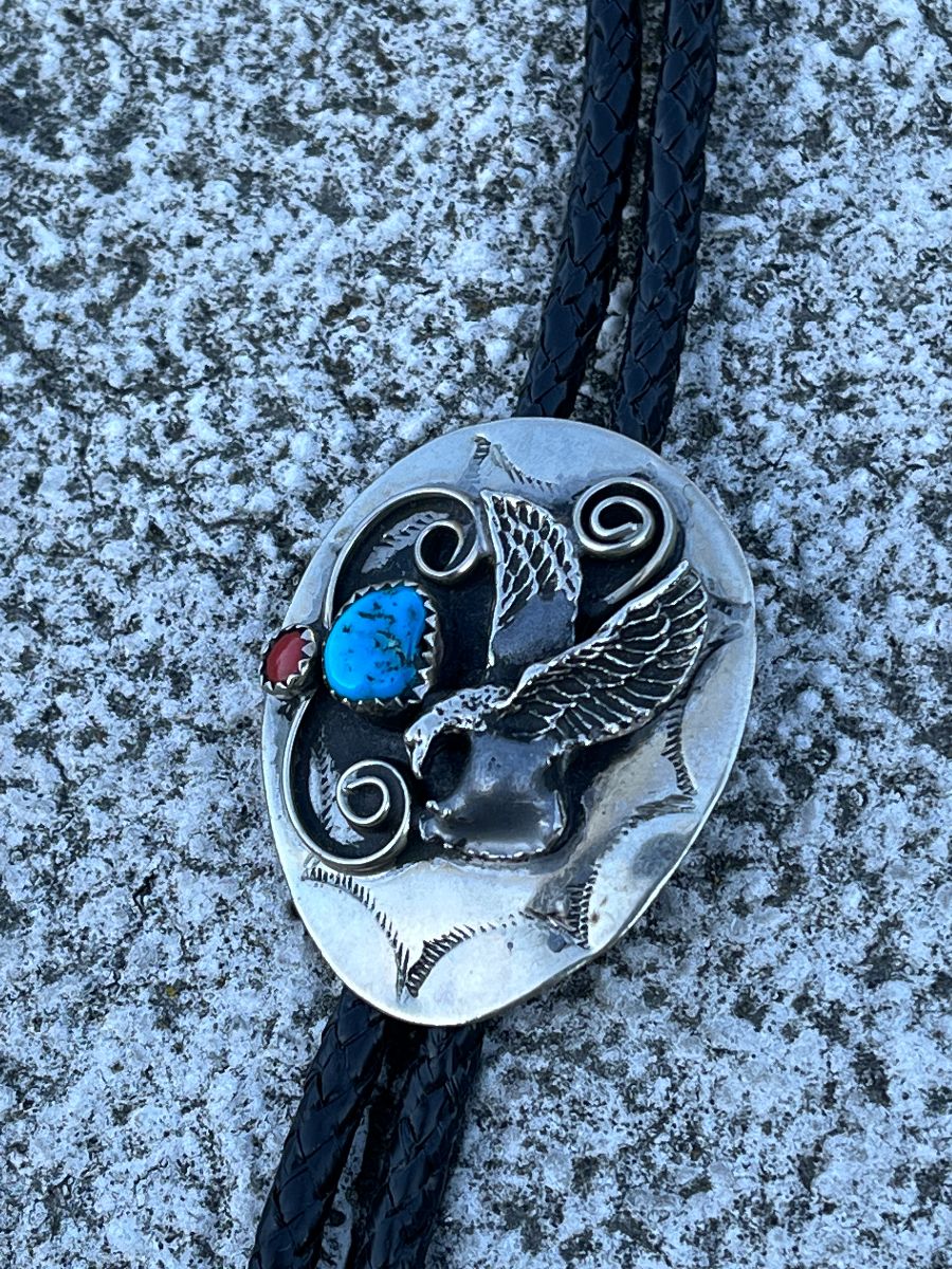 product details: STERLING SILVER EAGLE DESIGN BOLO TIE TURQUOISE & CORAL STONES photo