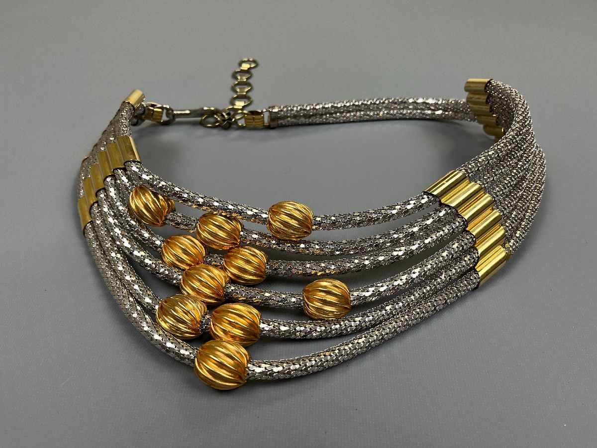 product details: WILD 1980S PAN FLUTE LOOKING CHUNKY SILVER AND GOLD SNAKE MESH CHAIN WASIT BELT photo