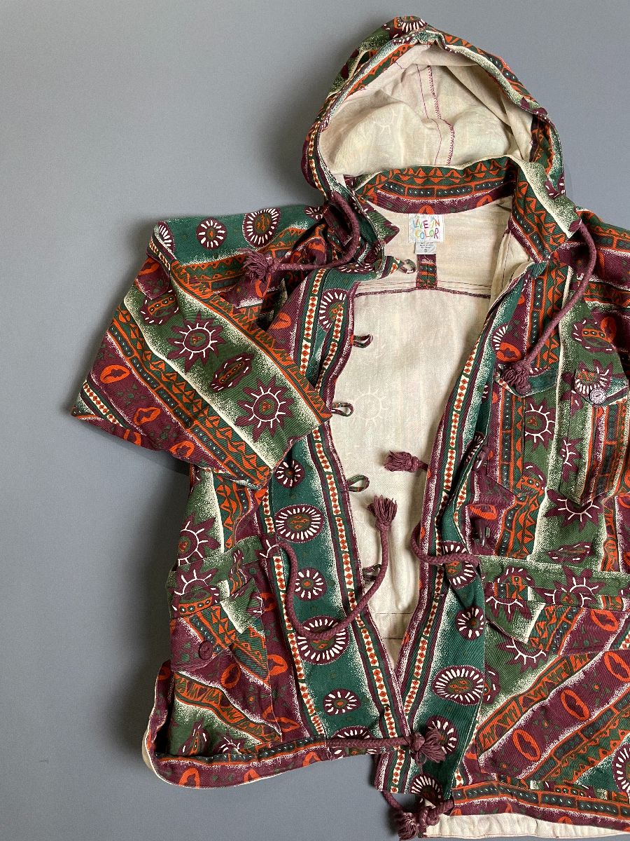 1990s Crazy Fun Southwestern Aztec Design Long Parka Style Twill Denim  Jacket Toggle Buttons