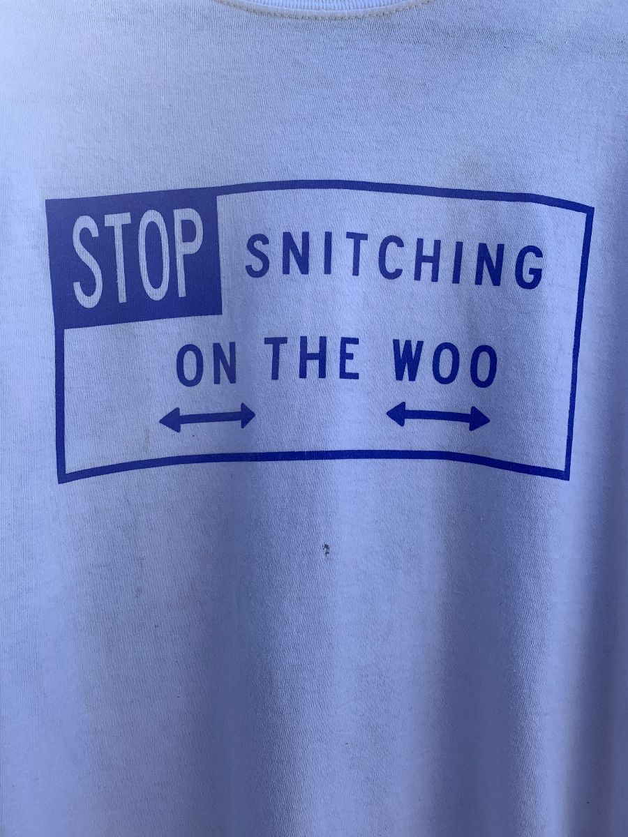 Vlone Stop Snitching On The Woo Design T-shirt | Boardwalk Vintage