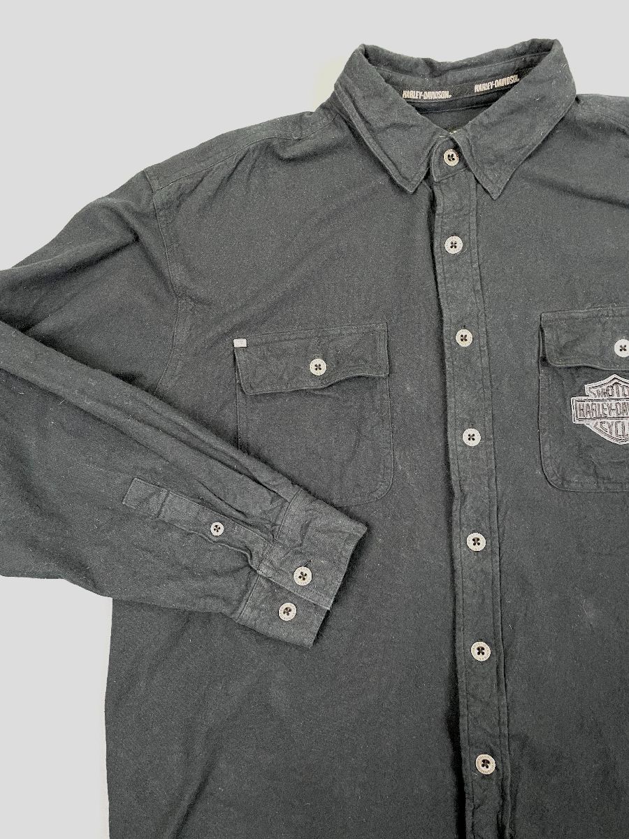 Solid Color Flannel Shirt Embroidered Harley Davidson Logo | Boardwalk ...