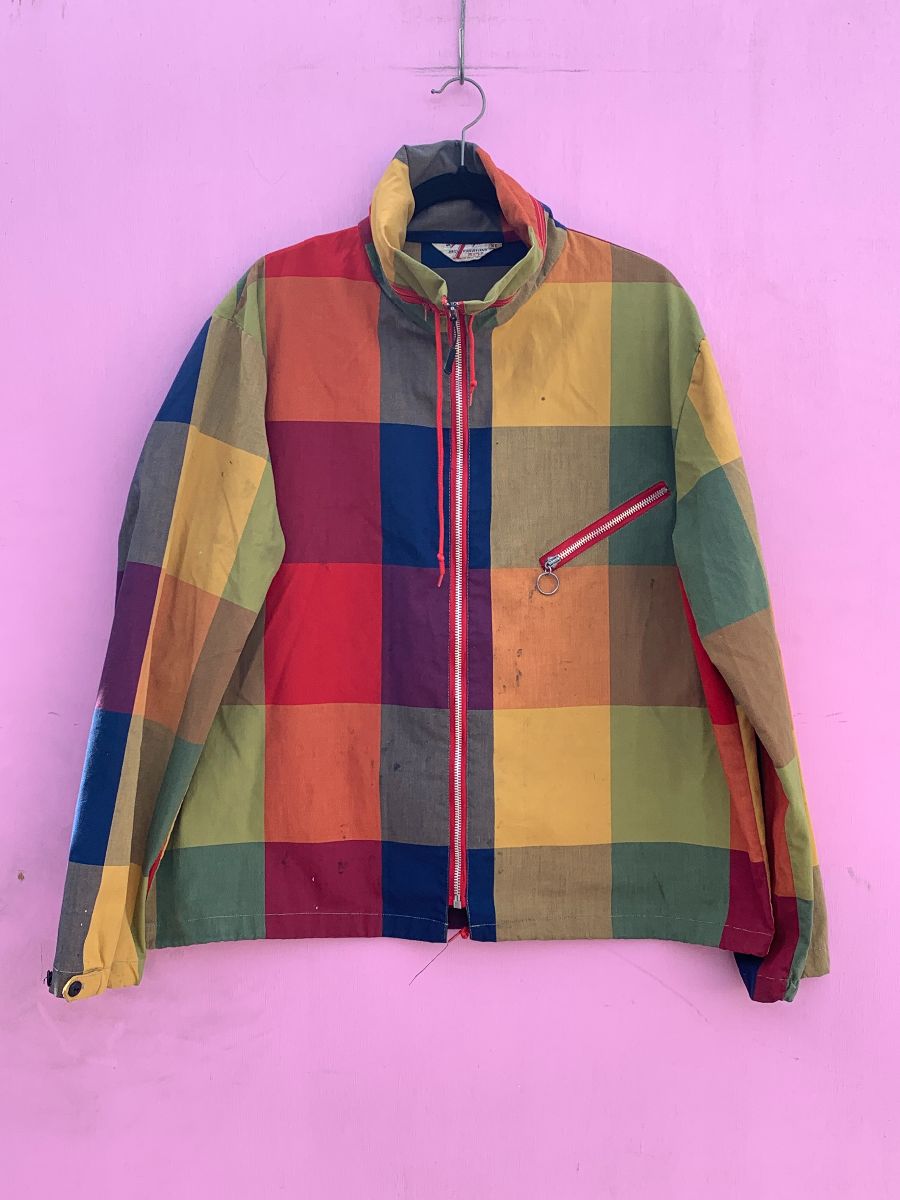 product details: *AS-IS* 1970S AMAZING MULTICOLOR SQUARE PATTERN ZIP UP HIDEAWAY HOOD JACKET AS-IS photo