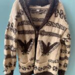 AS-IS NEPAL HEAVILY DISTRESSED THICK WOOL KNIT COWICHAN SWEATER W/ GEOMETRIC EAGLE DESIGNS