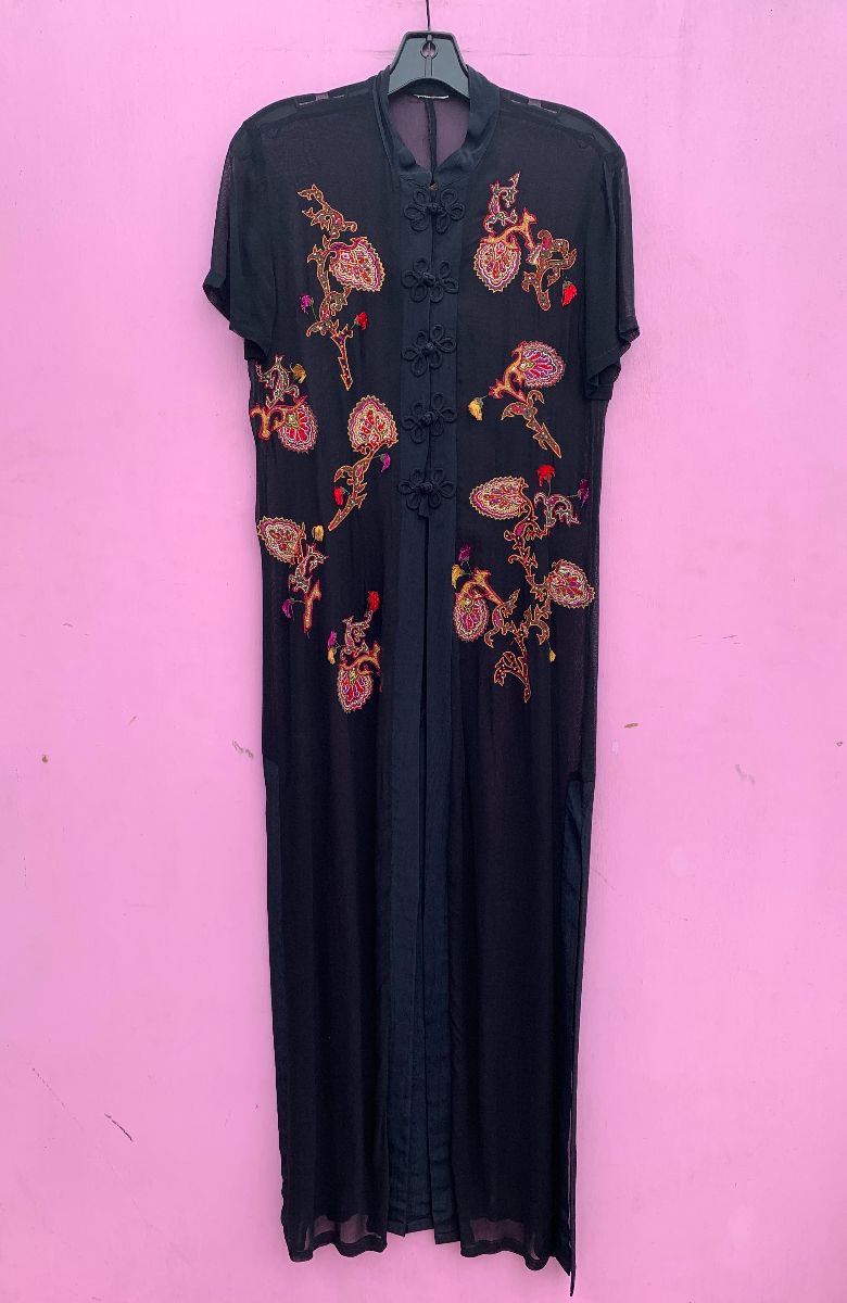 product details: 1990S GORGEOUS SHEER SHORT SLEEVED EMBROIDERED BUTTON DOWN DRESS OPEN SLITS photo