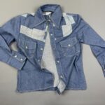 *AS-IS* 1970S PATCHWORK LIGHTWEIGHT DENIM JACKET W/ CONTRAST STITCH SNAP BUTTONS