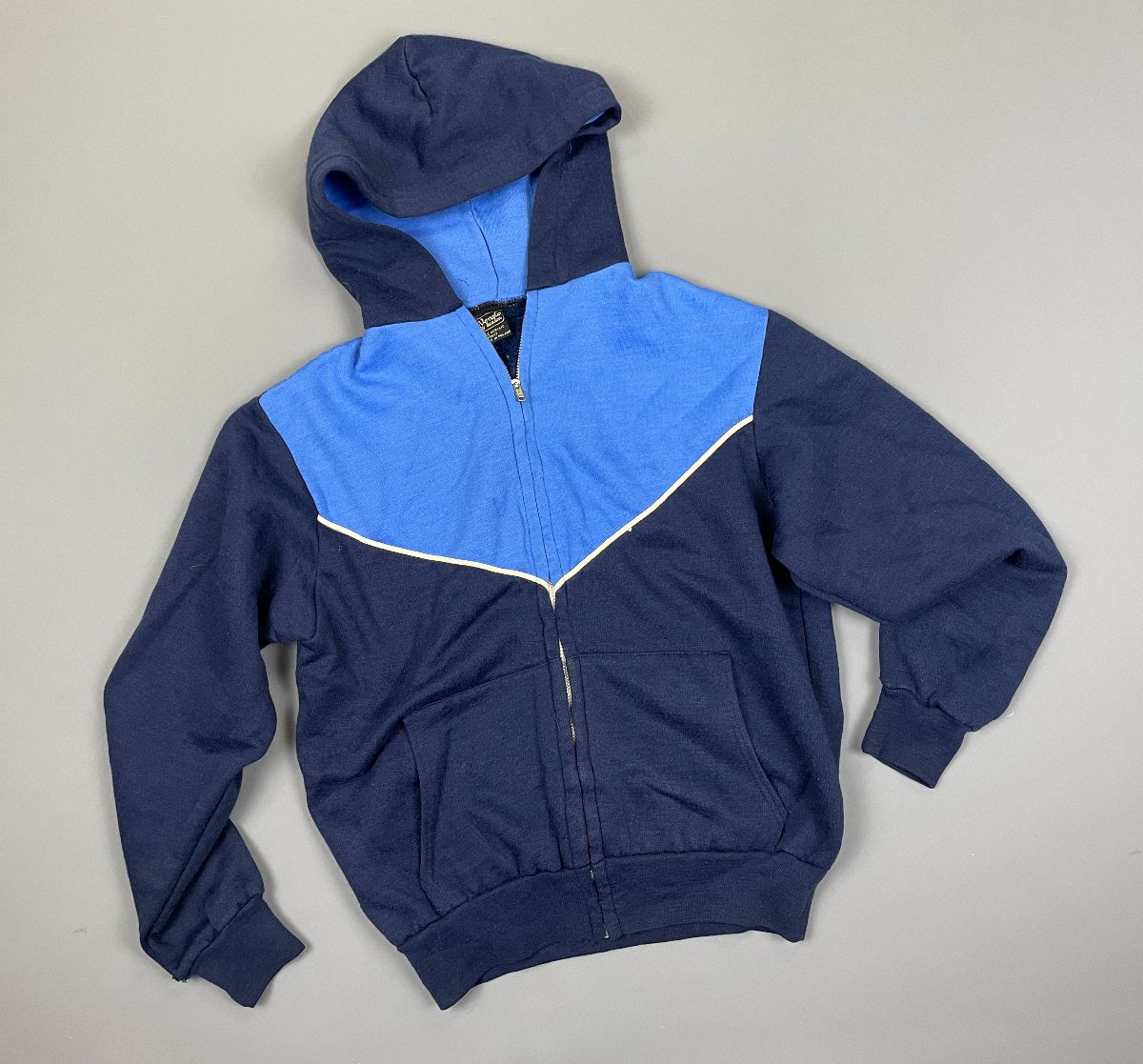 product details: AWESOME! 1960S-70S ZIPUP COLOR BLOCK HOODED SWEATSHIRT W/ PIPING TRIM photo