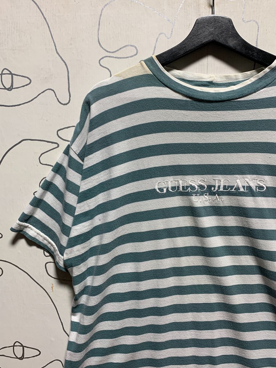 antyder arm vagt 1990s Made In Usa Horizontal Striped Embroidered Guess Jeans Logo T-shirt |  Boardwalk Vintage
