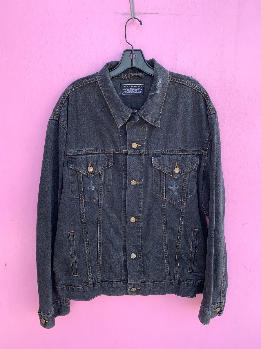 product details: 1990S DISTRESSED FADED BLACK SILVER TAB LEVIS DENIM JACKET CONTRAST STITCHING photo